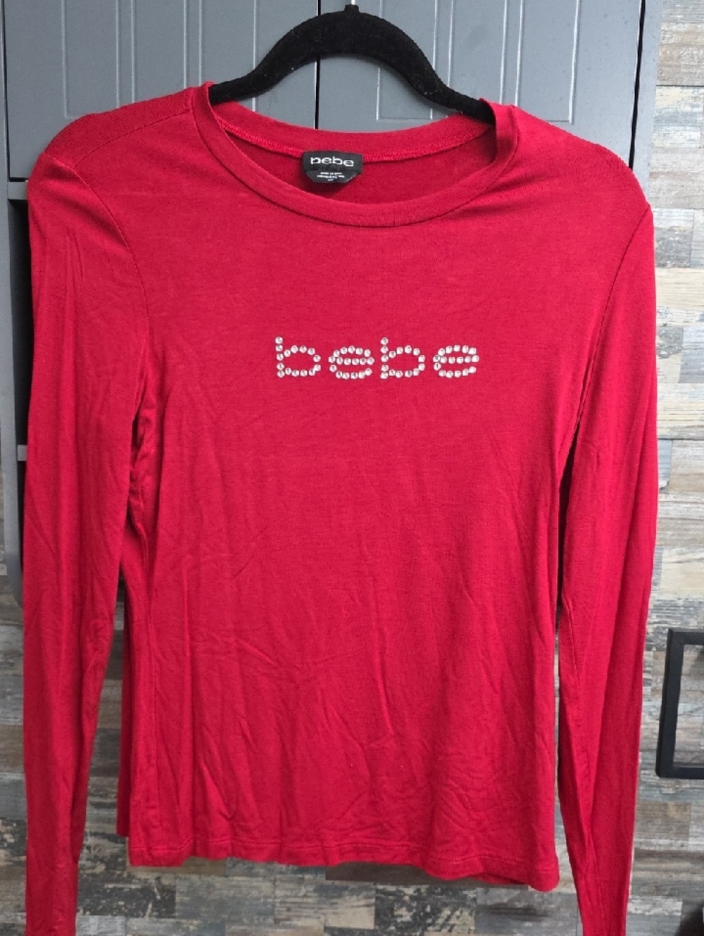 bebe Red Long Sleeve Logo Tee with Rhinestone Accents